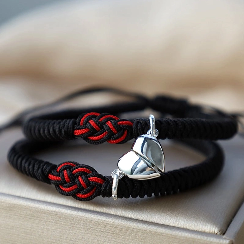 Black and silver heart red string Tibetan bracelet for protection luck and spiritual grounding