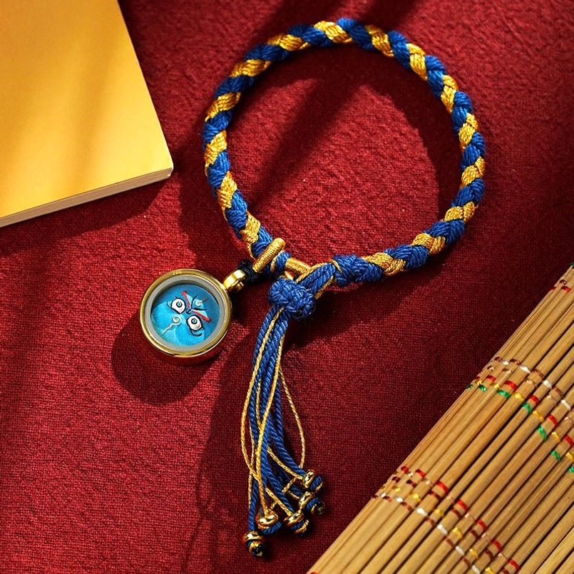 Tibetan five gods of wealth blue god of wealth charm blue gold braided rope bracelet