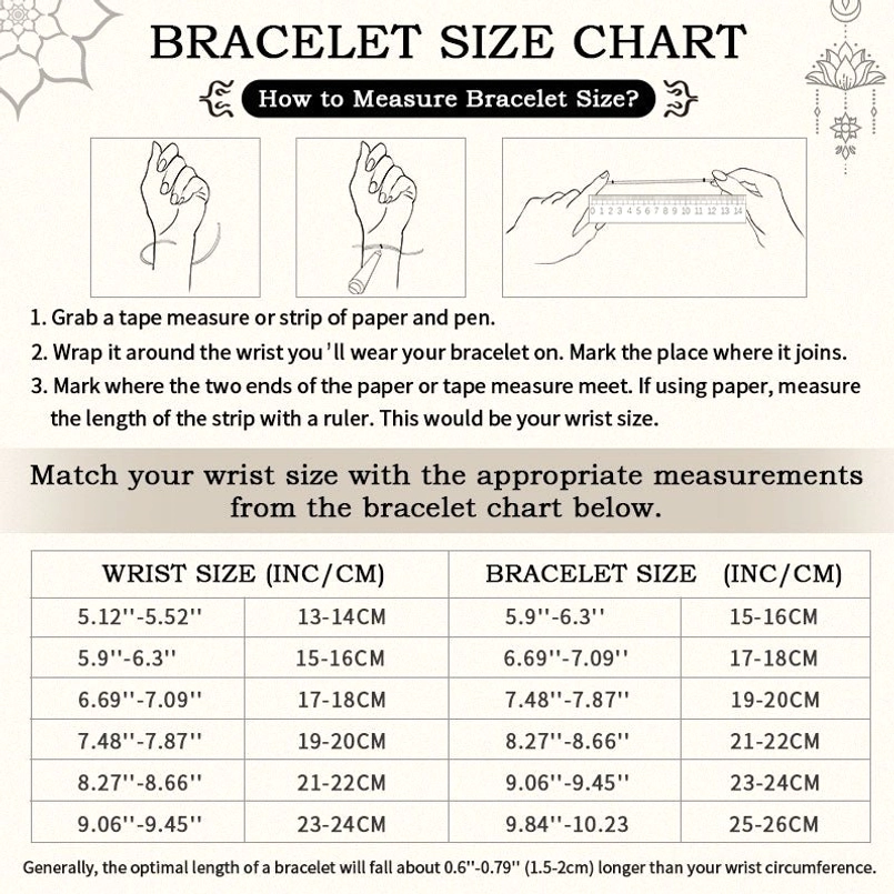 Bracelet size measurement guide chart and wrist size conversion table for proper fitting