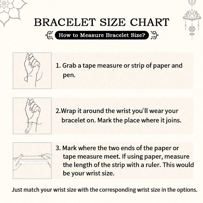 Wrist size measurement guide for Tibetan string bracelet with illustrated instructions