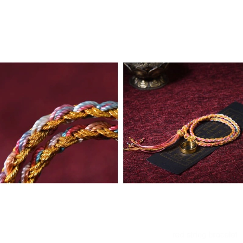 Close-up macro detail of Tibetan braided lucky bracelet showing multi-strand weaving pattern with metallic luster