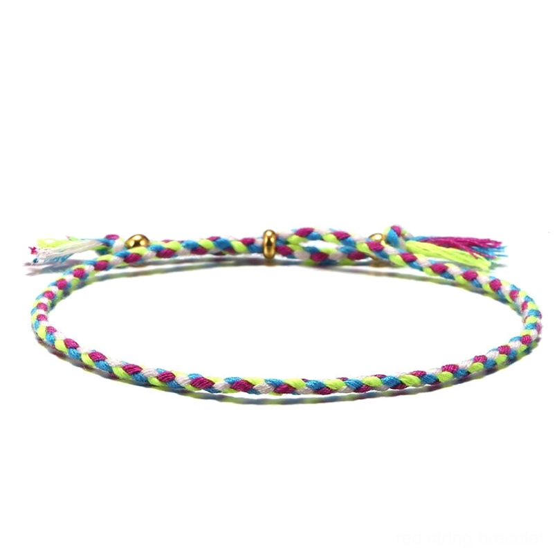 Handmade Tibetan braided rope tassel bracelet in bright rainbow mixed colors with gold beads