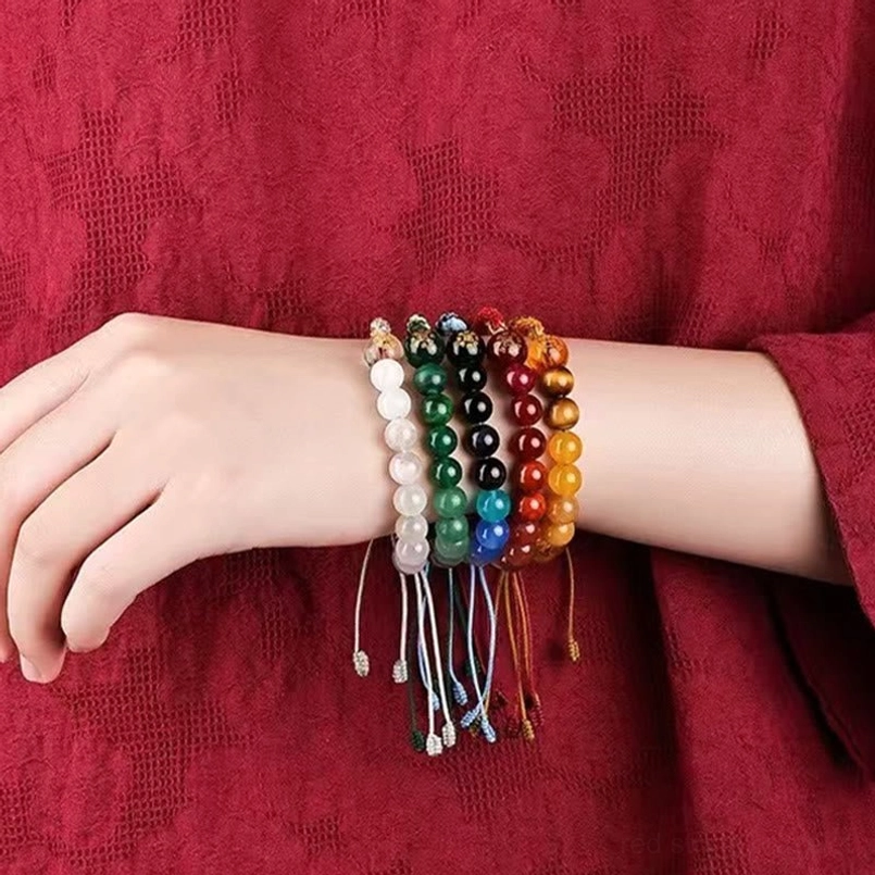 Tibetan buddhism red cord reincarnation knot bracelet with crystal bead details