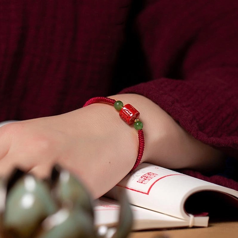 Tibetan cinnabar om mani padme hum red string protection bracelet, spiritual gift display