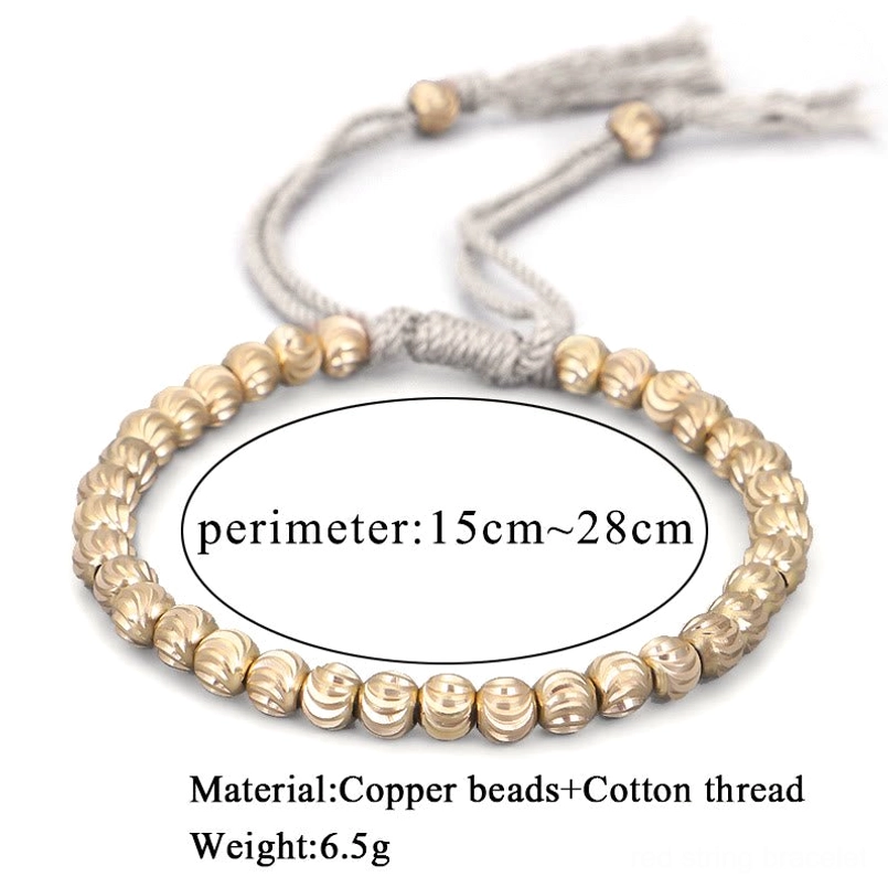 Tibetan copper bead bracelet with product specifications and size guide overlay