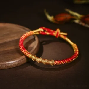 Tibetan dragon scale red string gold thread protection bracelet with adjustable knot on wooden tray