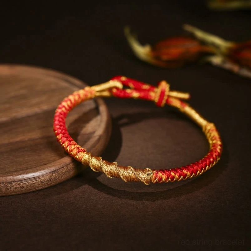 Tibetan dragon scale red string gold thread protection bracelet with adjustable knot on wooden tray