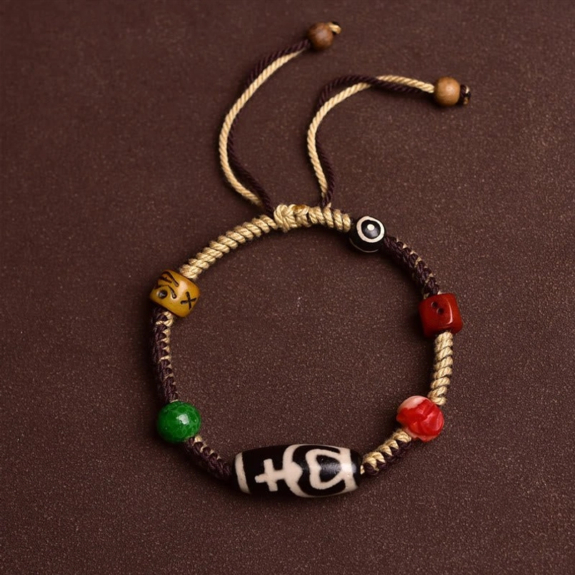 Tibetan Dzi Bead Braided Bracelet Top Down Flat View