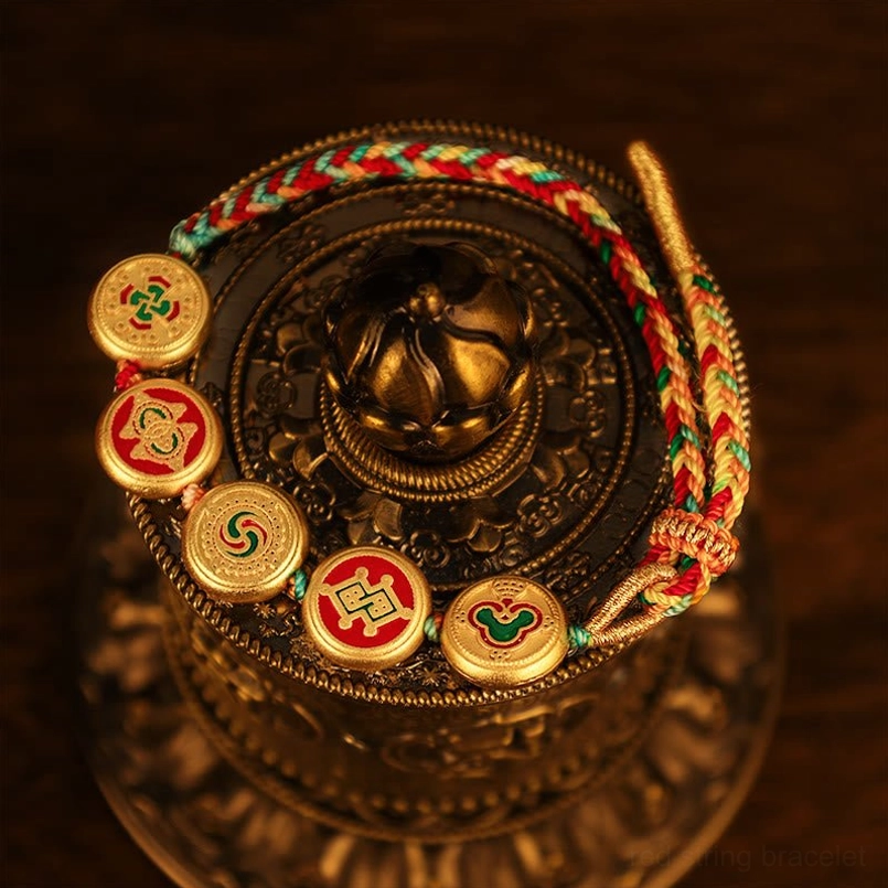 Tibetan Five Gods of Wealth bracelet size guide showing adjustable 14-17cm circumference on different wrist sizes