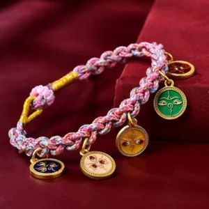Three quarter close up of Tibetan five gods of wealth multicolor braided lucky string bracelet on red velvet background