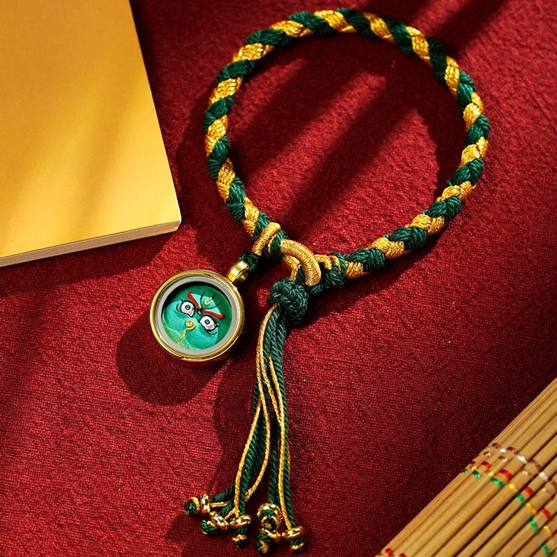 Tibetan five gods of wealth green god of wealth charm green gold braided rope bracelet