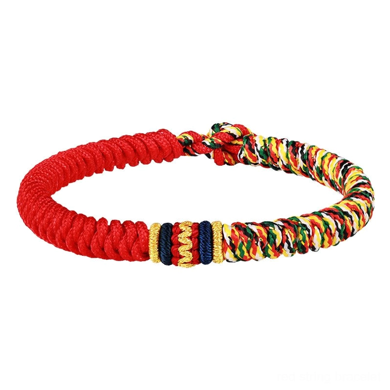 Multicolor woven Tibetan King Kong Knot red string bracelet on white background