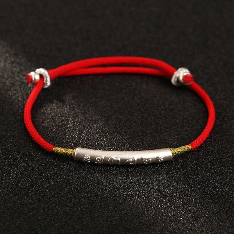 Tibetan red string bracelet Om Mani Padme Hum with premium 999 sterling silver engraved tube charm