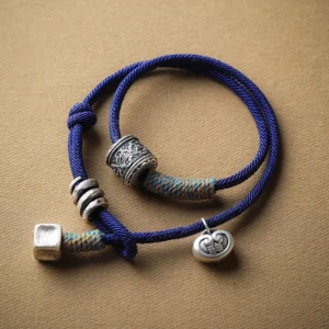 Tibetan Om Mani Padme Hum double wrap rope bracelet in blue with vintage silver charms, flat lay top view