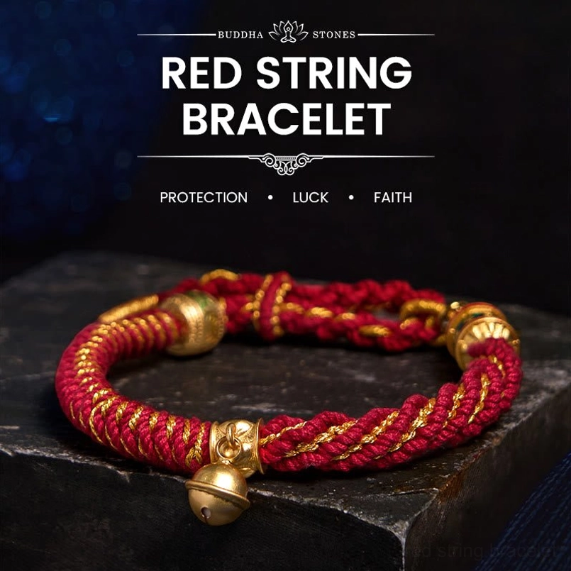 Red and gold Tibetan Om Mani Padme Hum bracelet - traditional style close-up