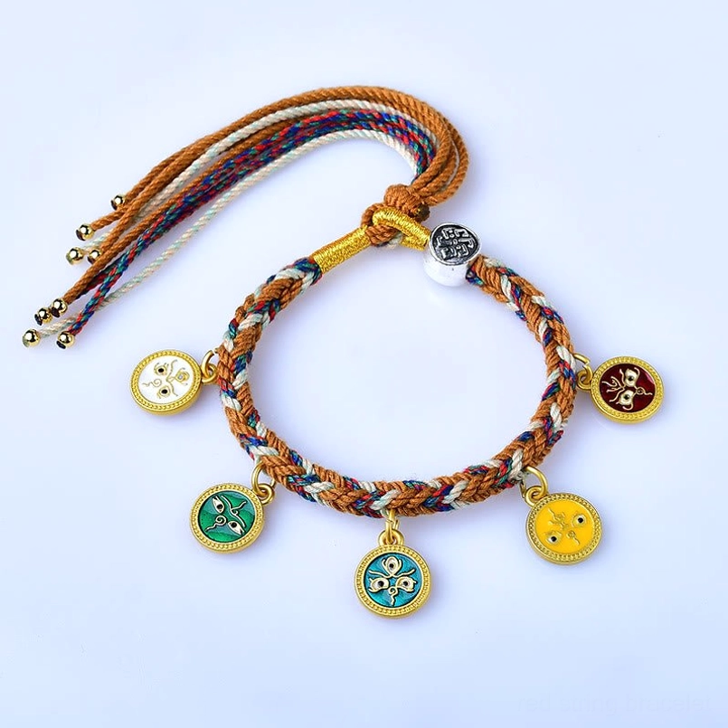 Five prosperity gods Tibetan bracelet with gold metal adjustment bead and tassel