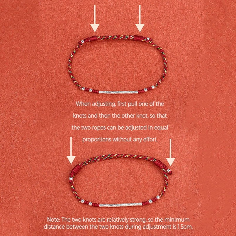 Tibetan protection bracelet size adjustment guide showing how to fit and adjust the slip knot mechanism