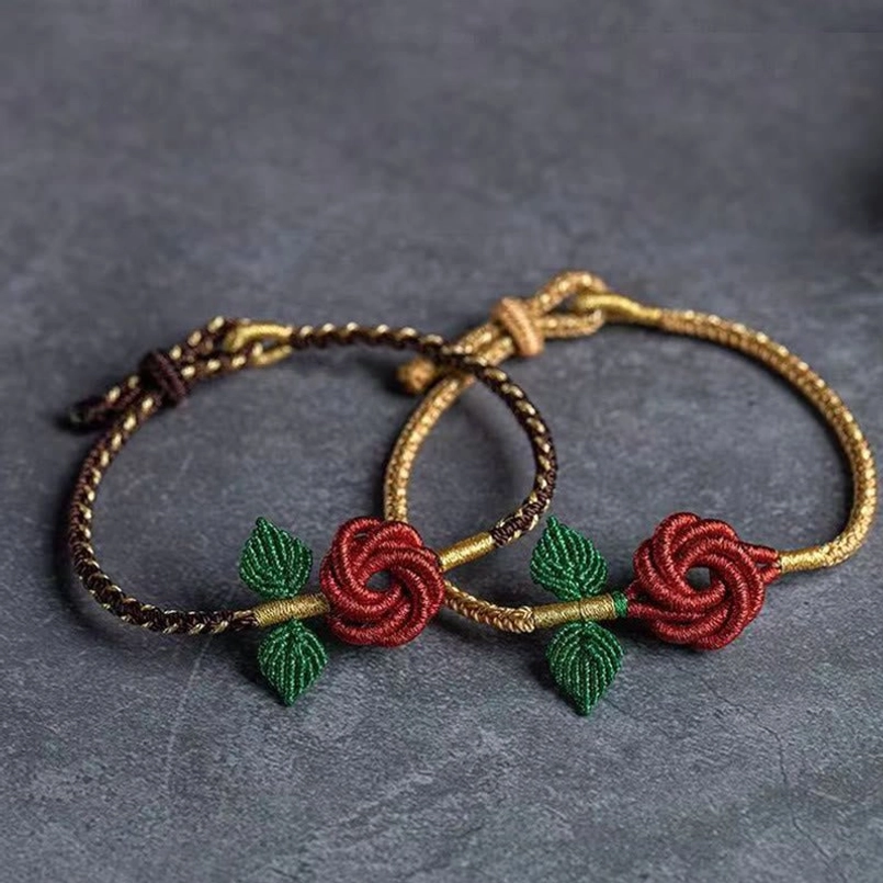 Handcrafted Tibetan red rose peace knot bracelet with spiritual meaning and protection