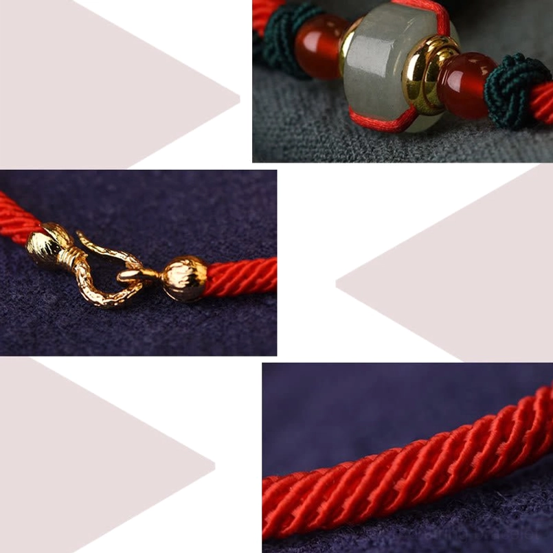 Multiple micro close-ups of tibetan bracelet components including gold toggle clasp, cord texture, and full bead set