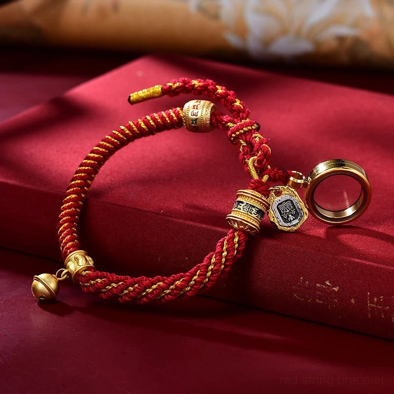 Red Tibetan Om Mani Padme Hum bracelet with Ghau prayer box amulet compartment and gold brass accents