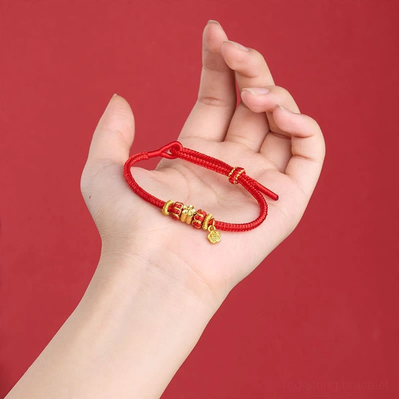 Sacred red string luck bracelet with tibetan om mani padme hum copper accents
