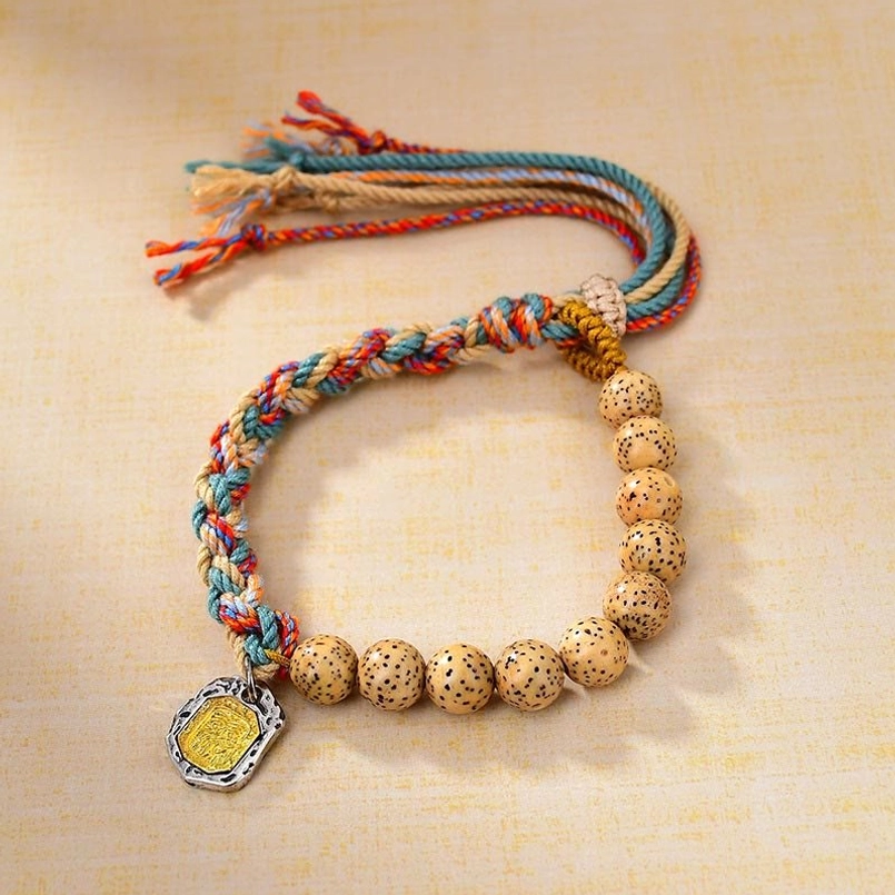 Tibetan sacred bracelet with colored cord Bodhi seeds - alternate view