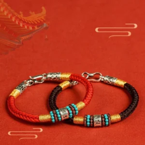 Tibetan style woven couple red string bracelet with 925 sterling silver six true words charm