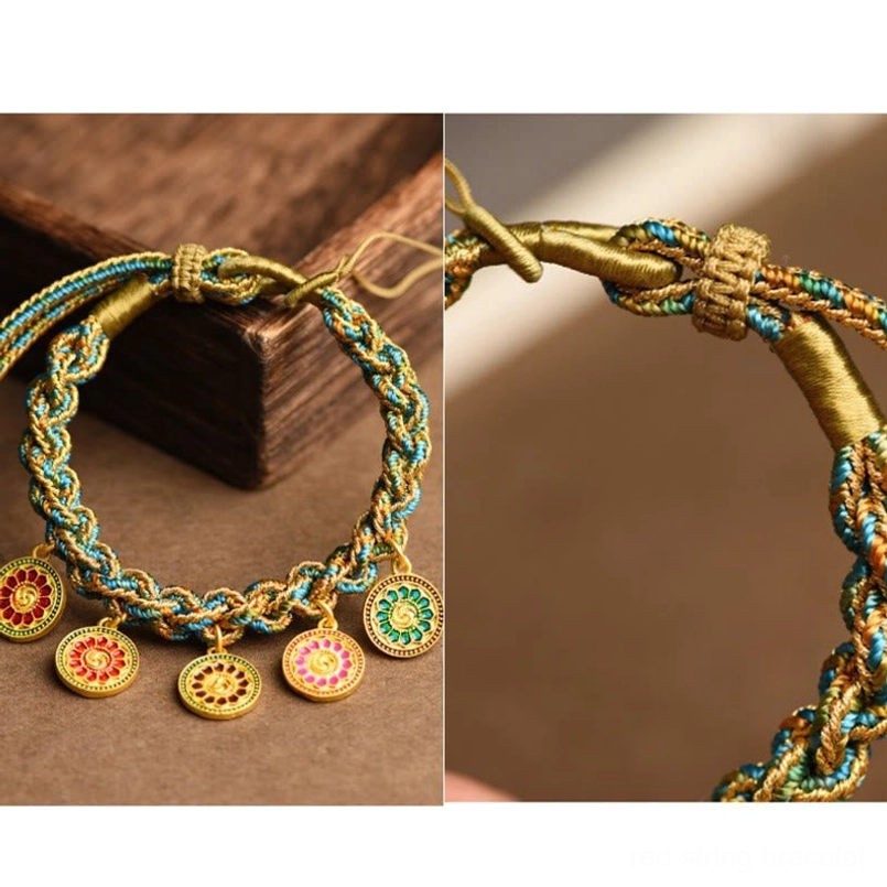 Complete Tibetan five gods of wealth braided bracelet with all charms visible