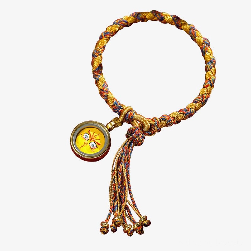 Tibetan five gods of wealth dragon scale bracelet with mixed color rope and round pendant tassel