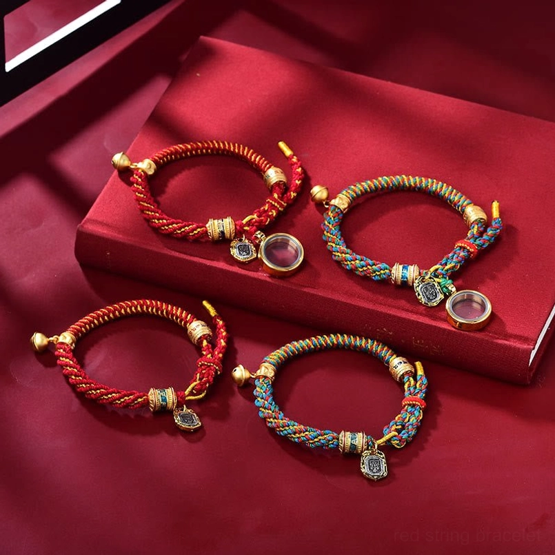 Set of Tibetan Om Mani Padme Hum red string bracelets with charm pendants - multiple color options