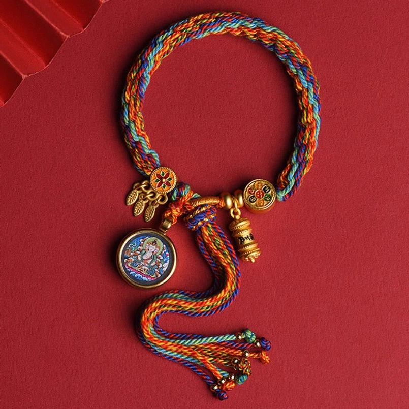 Tibetan zodiac red string bracelet with Zakiram guardian Buddha charm and colorful braided rope