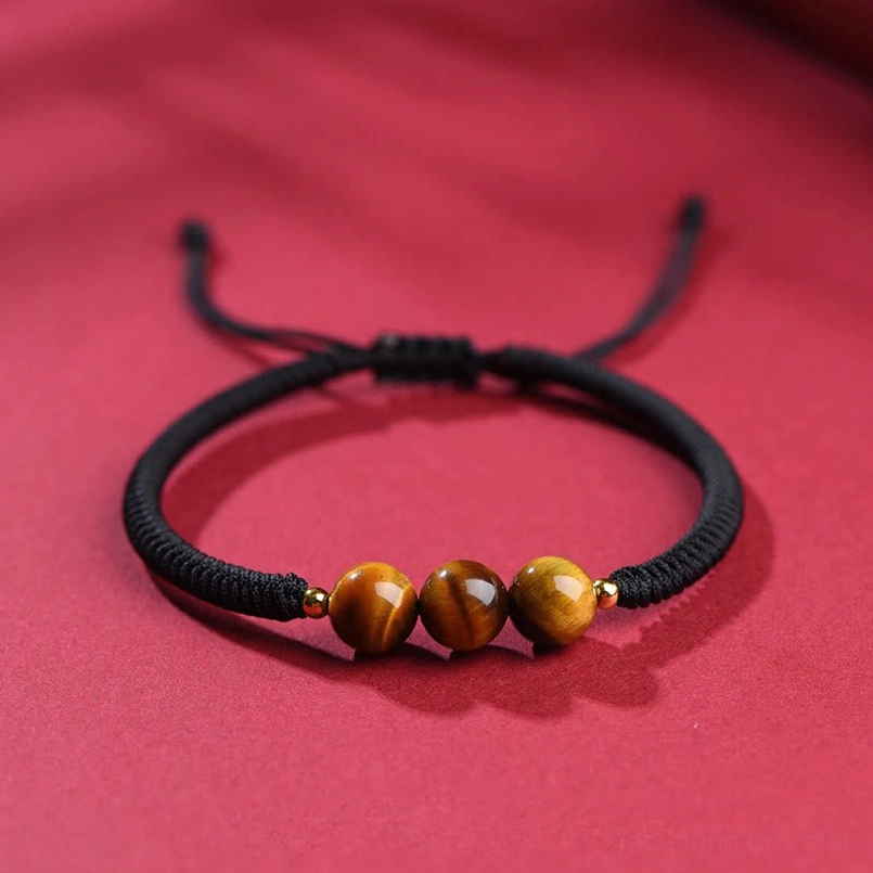 Black braided rope tiger eye bracelet with 8mm three beads showing varied bead option