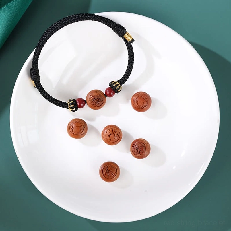 Tiger zodiac peach wood black rope bracelet - bold courage and independence Chinese zodiac charm