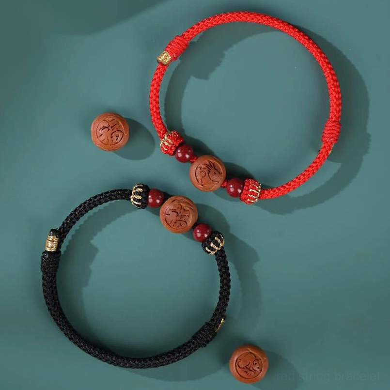 Tiger zodiac peach wood carved bracelet black rope - strength and passion astrological talisman