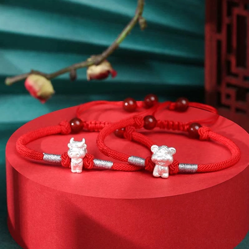 Tiger zodiac red string silver charm bracelet for power and protection energy