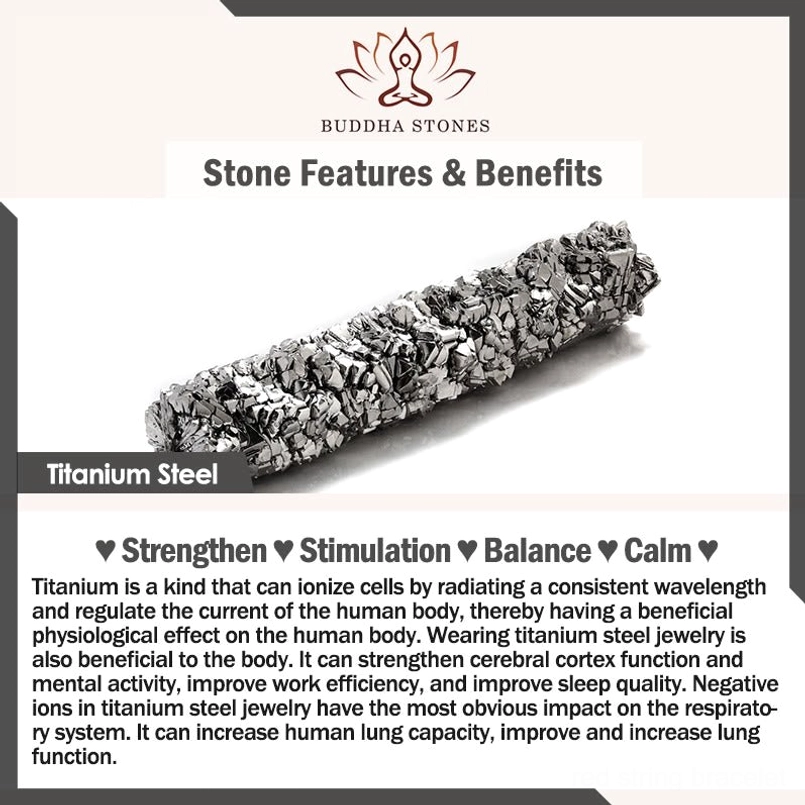 Titanium steel material wellness benefits infographic strengthen balance calm Buddha Stones