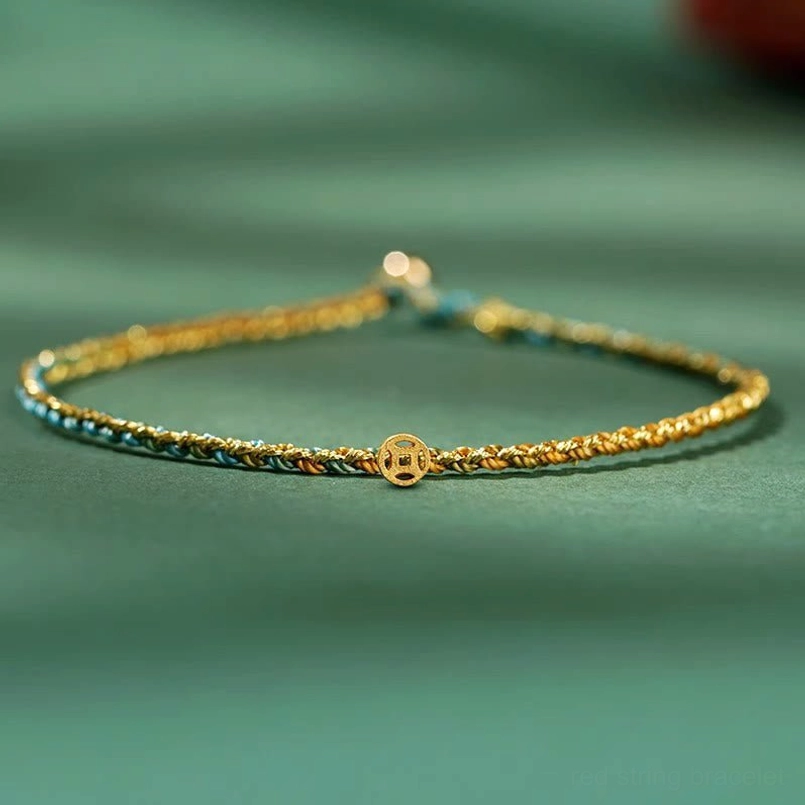 Colorful lucky coin bracelet with multicolor woven strands and traditional gold ancient coin