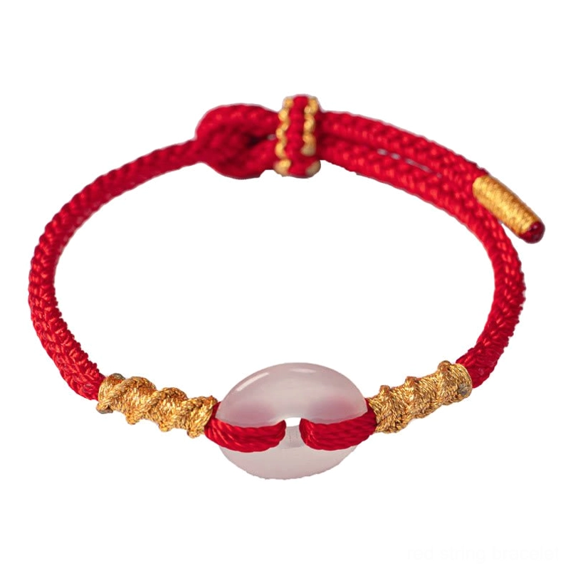 Traditional white chalcedony peace buckle red string bracelet with handcrafted gold twisted elements
