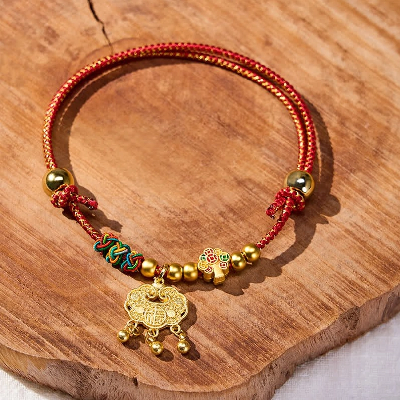 Traditional red string pet collar with longevity lock pendant and woven colorful accents