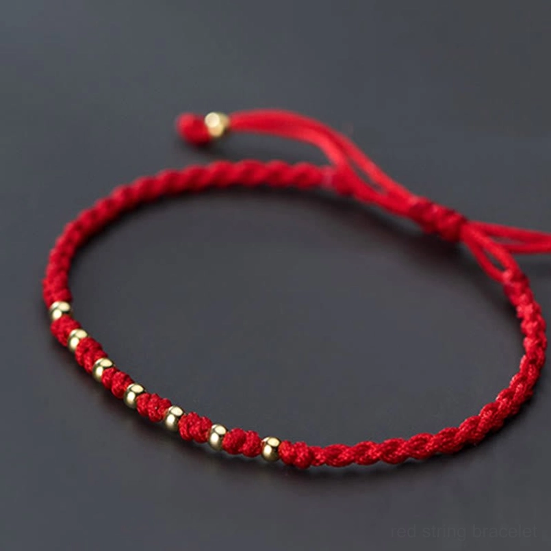Red string bracelet with adjustable knots sterling silver beads traditional style