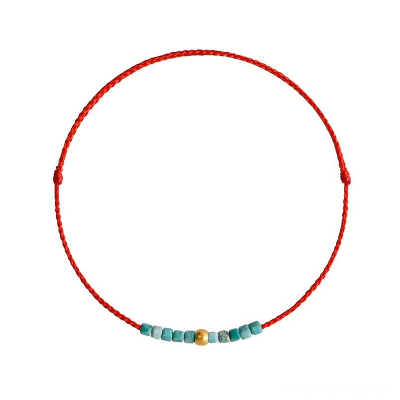 Full turquoise and gold beaded segment on red braided string bracelet top view