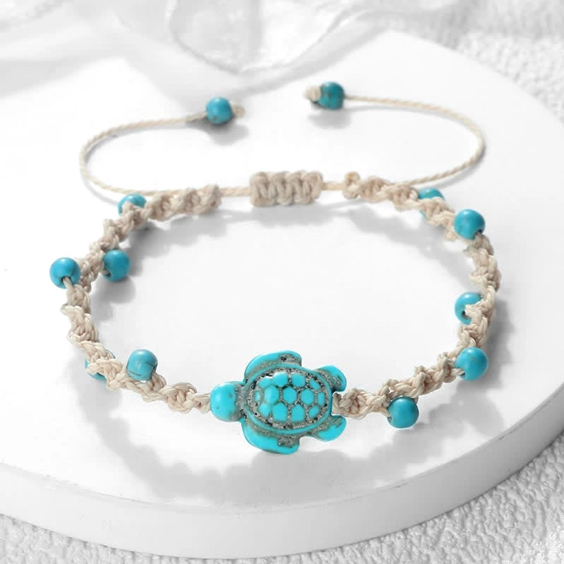 Handmade turquoise turtle charm bracelet with beaded adjustable cord
