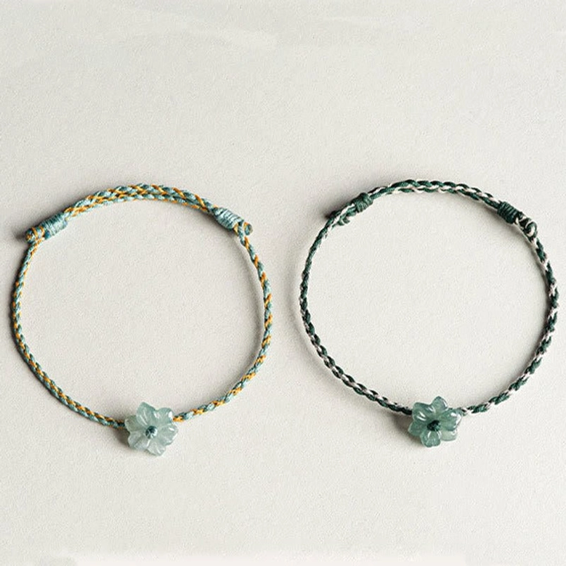Two style options of jade orchid braided luck bracelets side by side comparison