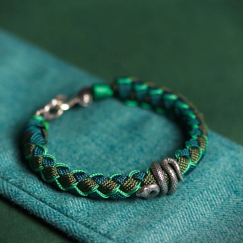 Two Tone Green Braided Red String Bracelet With 999 Sterling Silver Snake Charm