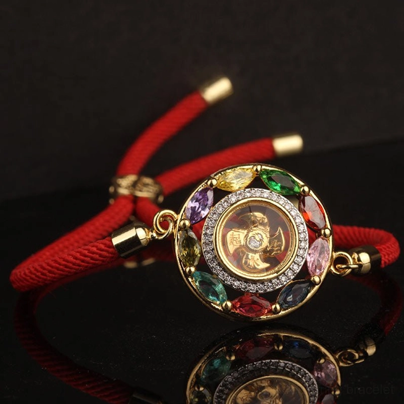 Wealth attraction copper bracelet with sacred red string and zircon rotating stone