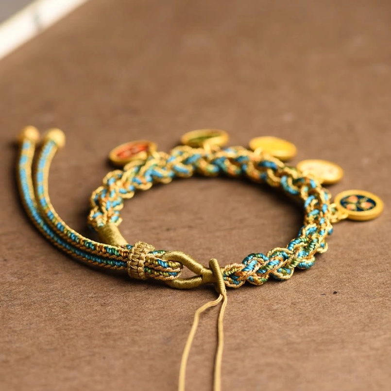 Tibetan fortune braided bracelet with adjustable pull-cord clasp close-up