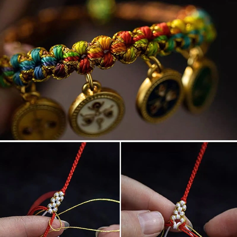 Tibetan bracelet weaving details and handmade knotting technique close-up shots