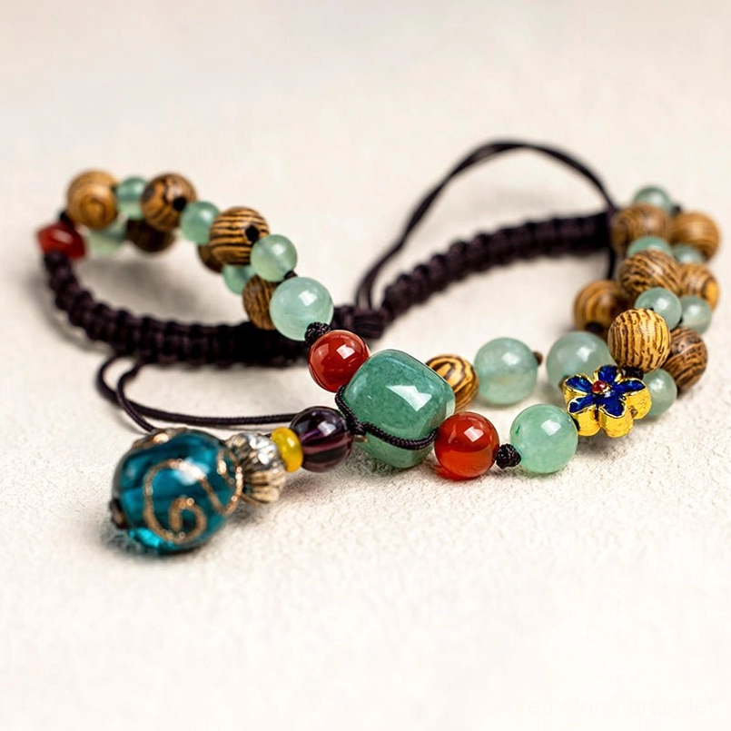 Wenge wood green aventurine anklet set close-up showing full bead composition and design