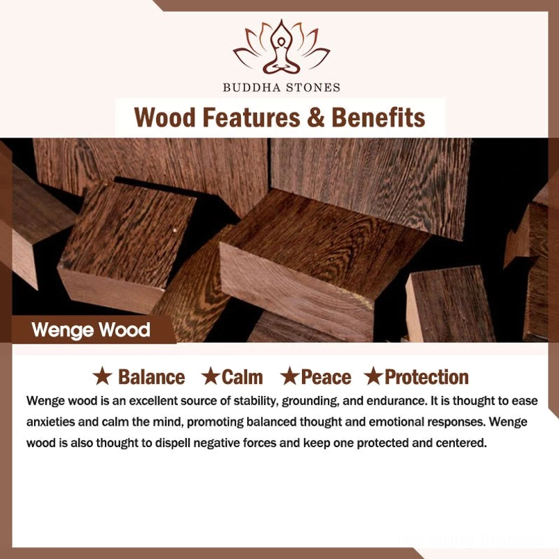 Wenge wood crystal properties card displaying balance calm and protection benefits