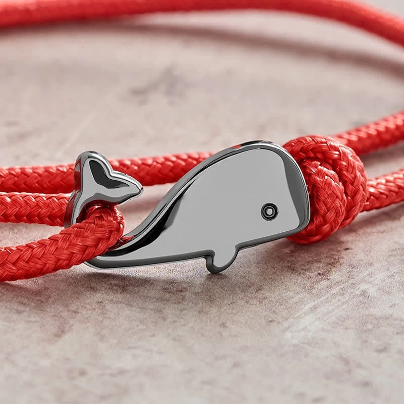 Silver whale metal charm clasp on premium red braided rope bracelet